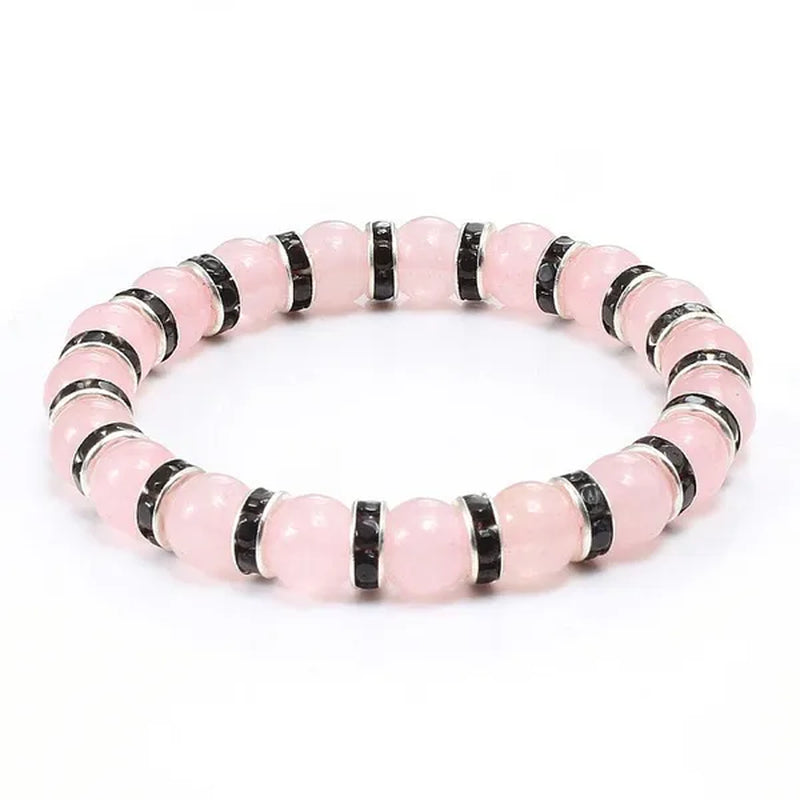 Natural Stone Pink Crystal Quartz &White Porcelain Rhinestones Bracelets & Bangles Charm Powder Beads Strand Bracelet Love Gifts for Women Men Casual Jewelry