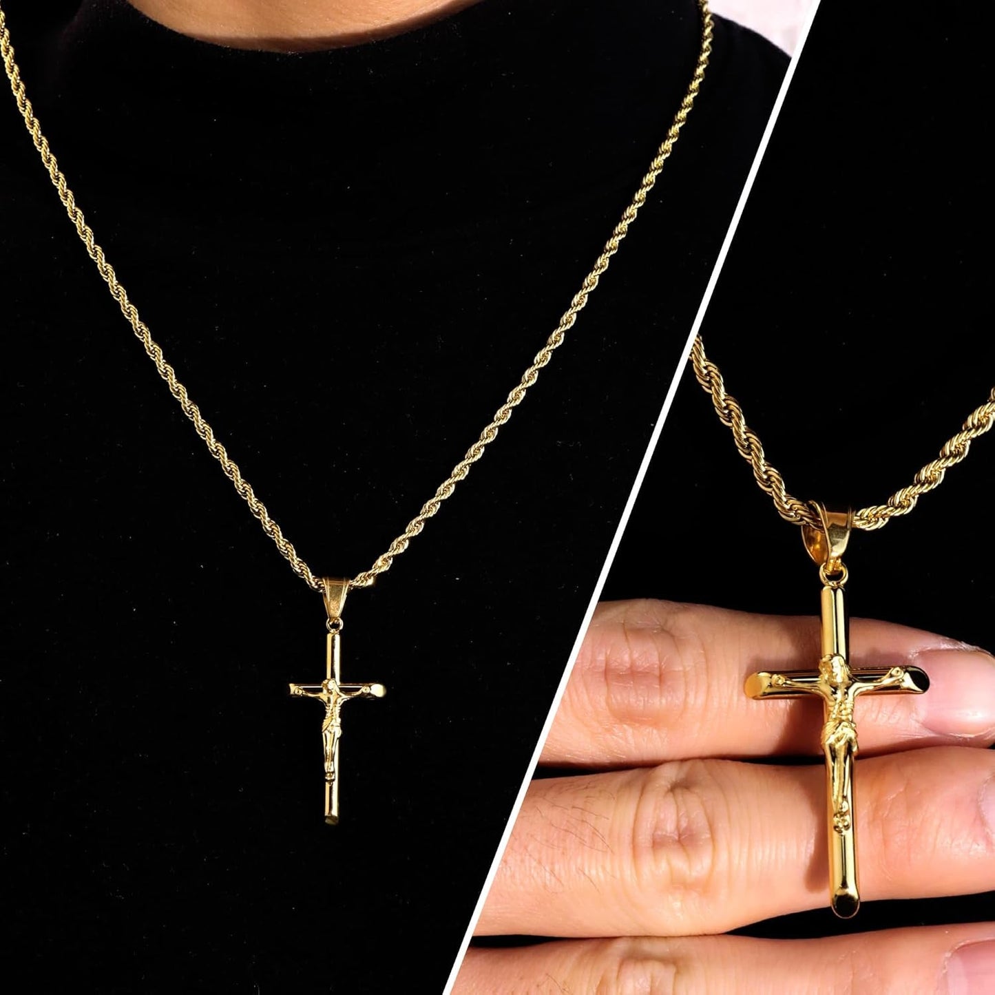 Sterling Silver Plated Cross Necklace for Men Gold Plated Cross Necklaces for Women Trendy Stainless Steel Crucifix Pendant with 3Mm 21Inch Rope Chain