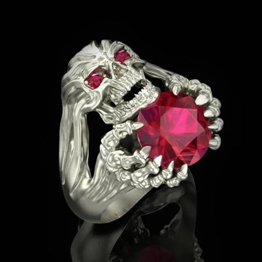 Vintage 925 Silver Ring Punk Ring Skull Red Gem Ring Fashion Domineering Man Ring Size US 6-13