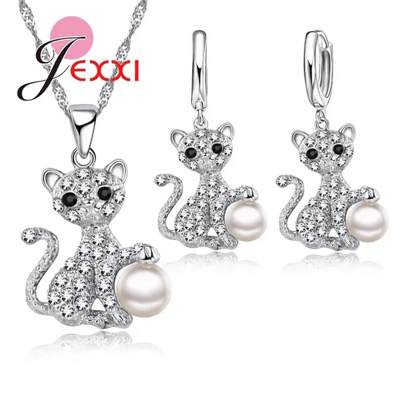 Cute Cat With Fine CZ Diamond And Pearl Ball 925 Sterling Silver Fashion Jewelry Set With Necklace/Earings Wholesale