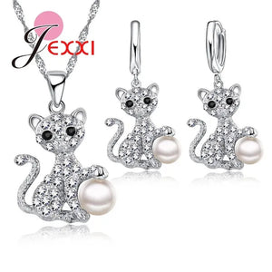 Cute Cat With Fine CZ Diamond And Pearl Ball 925 Sterling Silver Fashion Jewelry Set With Necklace/Earings Wholesale