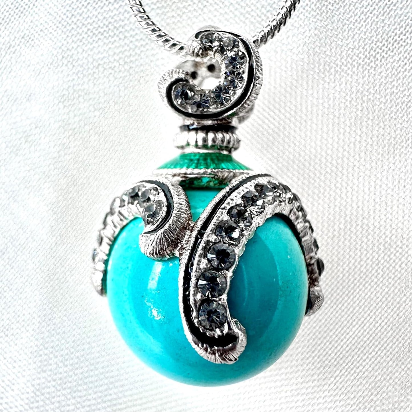 Sterling Silver Necklace Turquoise Pendant Black Diamond Crystals Enamel 24 Inch Chain