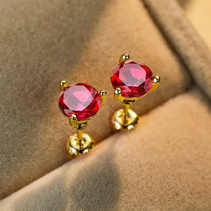 18K Gold Three-Prong Martini Round Ruby Stud Earrings Bride Wedding Engagement Jewelry Gifts 7mm/8mm
