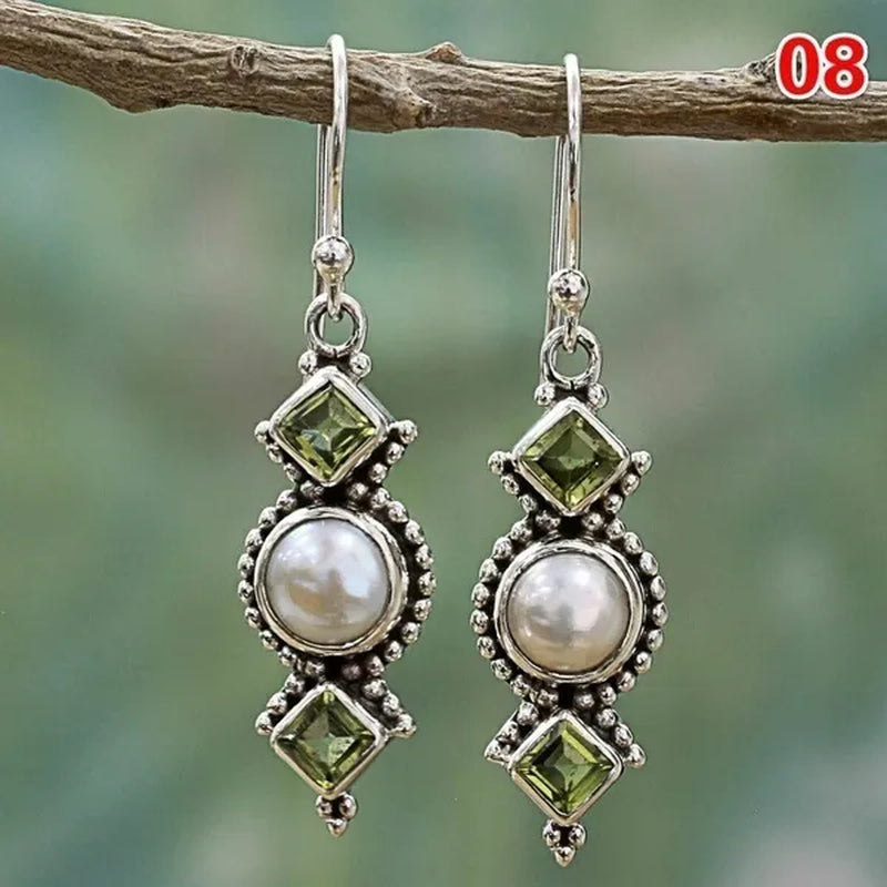 12Styles Vintage Earrings Rainbow Moonstone Earring Amethyst&Peridot&Pearl Dangle Earrings for Women Wedding Bridal Jewelry Gifts - WORLD TIME VISITS