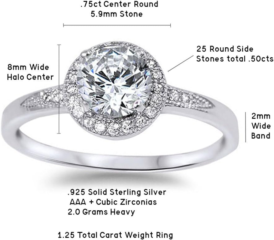 1.25Ct Halo Set Solitaire Cubic Zirconia & Simulated Gemstone Promise Engagement Ring .925 Sterling Silver Ring Sizes 3-12 Colors