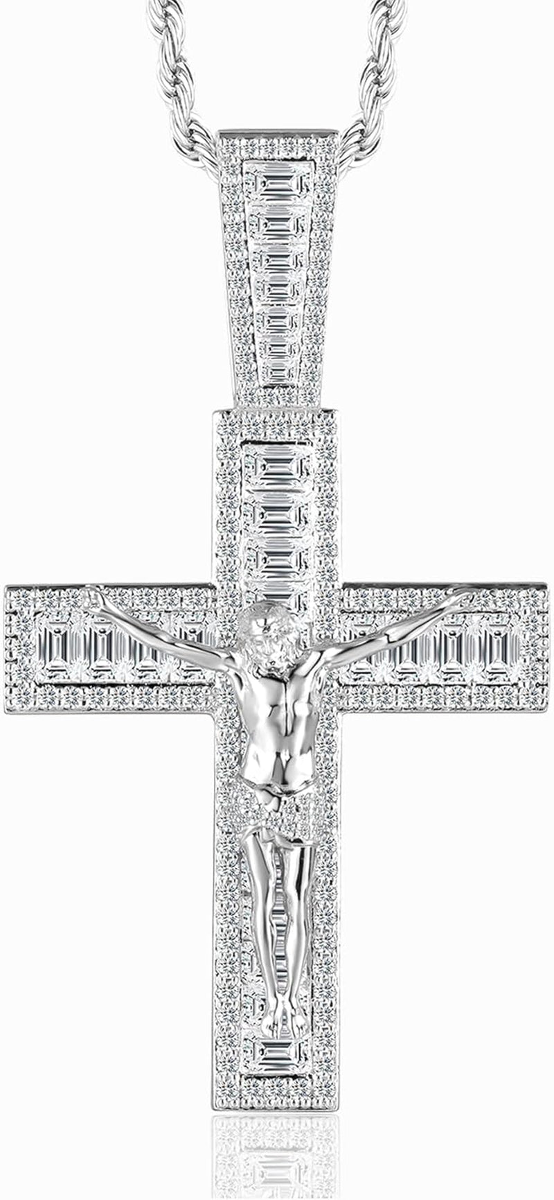 Mens Womens Crucifix Necklace Jesus Cross Chain Iced Out Baguette REAL White Gold/ 18K Gold/Rose Gold Plated Christian Pendant(Give 3Mm 24Inch Gold Plating Rope Chain)