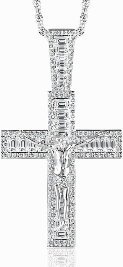 Mens Womens Crucifix Necklace Jesus Cross Chain Iced Out Baguette REAL White Gold/ 18K Gold/Rose Gold Plated Christian Pendant(Give 3Mm 24Inch Gold Plating Rope Chain)