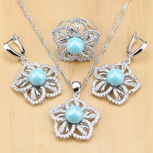 Flower 925 Silver Jewelry Set Blue Pearl With Beads Pendant Drop Earrings Rings Necklace  For Women