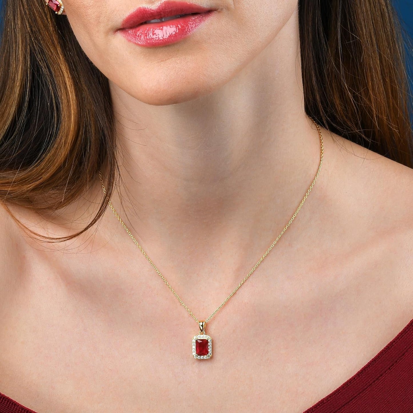 925 Sterling Silver Necklace for Women with a Clear, Blue, Red or Green Emerald-Cut CZ Stone, Emerald Cut Silver or Gold Necklaces for Women, Rectangle Pendant Necklace for Women