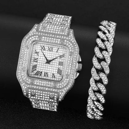 24K Gold / 925 Silver / Rose Gold Stainless Steel Hip Hop Jewelry Iced Out Diamond Thick Miami Cuban Link Chain Necklace Bracelet Watch for Men'S and Women'S Party Jewelry Set Nightclub Bar Fashion Accessories