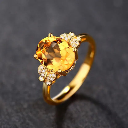 Romantic 18K Golden Plated Copper Setting Heart Shape Citrine Jewelry Set Love Shape Pendant Necklace Heart Micro Inlaid Cubic Zirconia Stud Earrings Butterfly Open-End Ring Flower Bracelets for Women Gifts