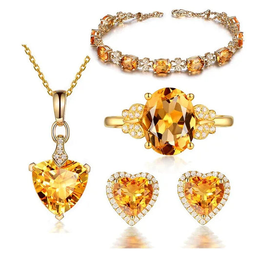 Romantic 18K Golden Plated Copper Setting Heart Shape Citrine Jewelry Set Love Shape Pendant Necklace Heart Micro Inlaid Cubic Zirconia Stud Earrings Butterfly Open-End Ring Flower Bracelets for Women Gifts