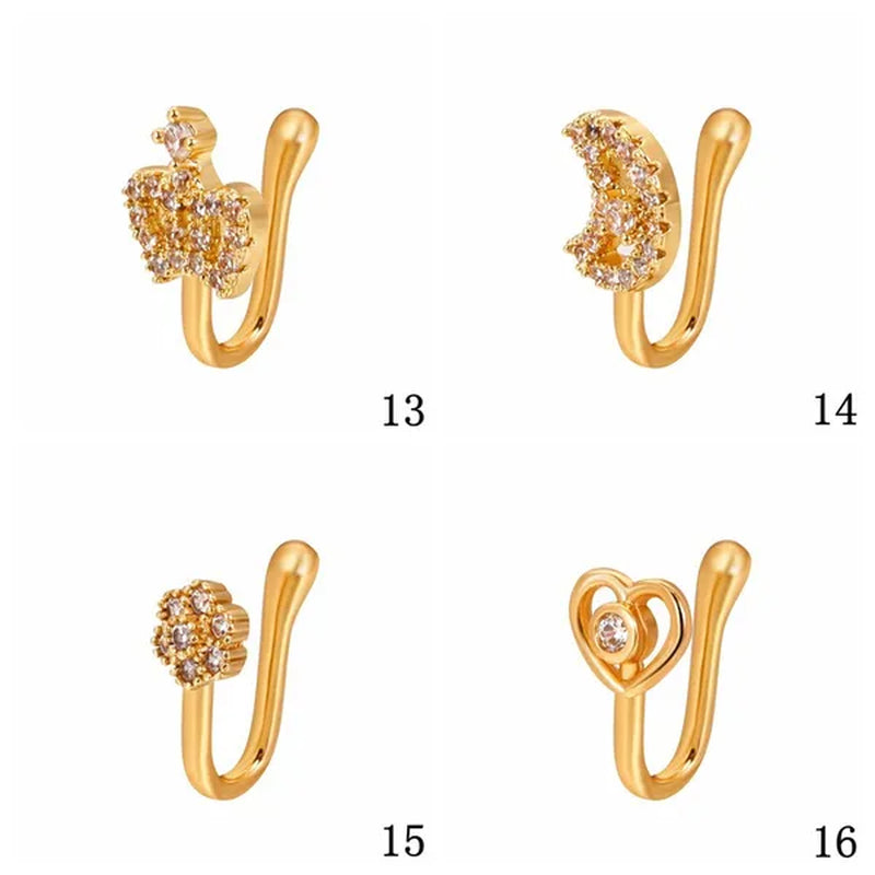 1 PC Crystal Diamond Zircon Star Heart Moon Fake Piercing Nose Ring Copper Spiral Non Piercing Clip on Nose Ring Ear Clips Cuff Fashion Body Jewelry - WORLD TIME VISITS