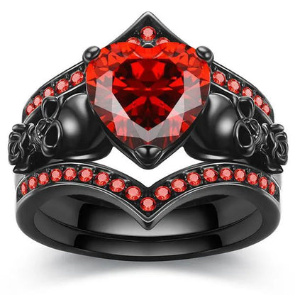 Gothic Black Rose Flower Skull Engagement Rings Set Red Purple Heart-shaped Zircon Crystal Wedding Anniversary Holiday Gift Jewelry Halloween Gifts
