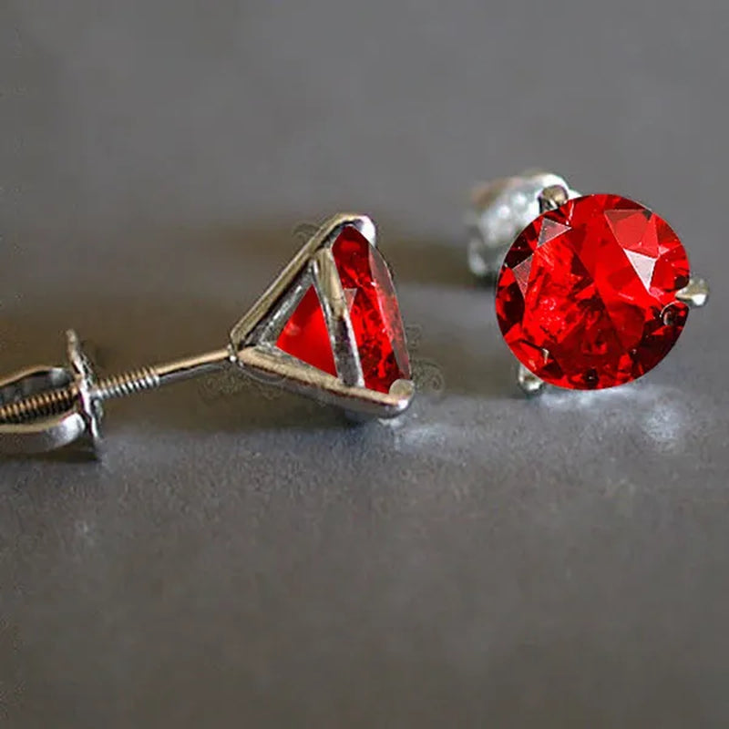 18K Gold Three-Prong Martini Round Ruby Stud Earrings Bride Wedding Engagement Jewelry Gifts 7mm/8mm