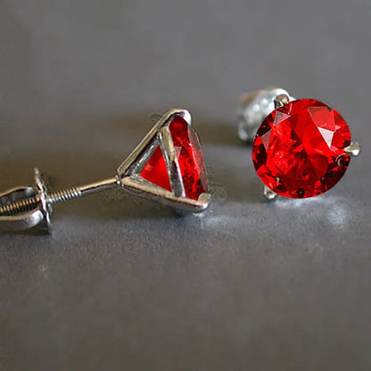 18K Gold Three-Prong Martini Round Ruby Stud Earrings Bride Wedding Engagement Jewelry Gifts 7mm/8mm