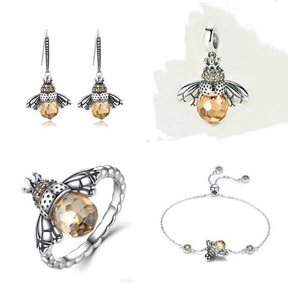 Popular Elegant Bee Design Gemstone Topaz Pendant Necklace/Earring/Ring/Bracelet 925 Silver Jewelry Set Mother'S Day Gifts