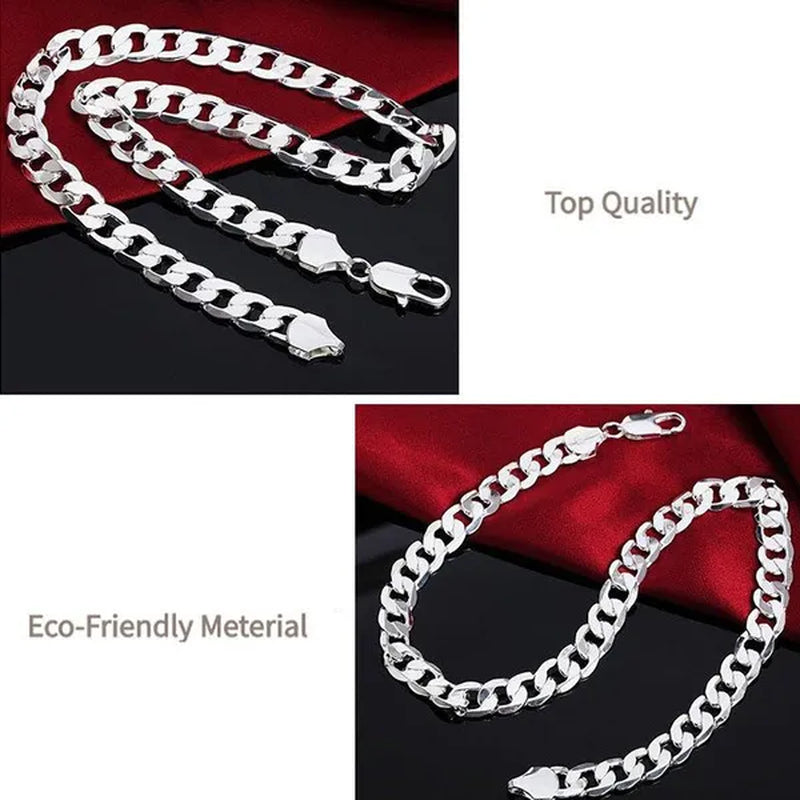 High Quality 925 Sterling Silver 12MM Width Male Jewelry 925 Solid Silver Fashion Jewelry Men Curb Chain Necklace Bracelet 8-30 Inches