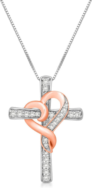 14K Rose Gold over Sterling Silver 1/4 Cttw Natural White round Diamond Heart with Cross Pendant Necklace, 18" Box Chain