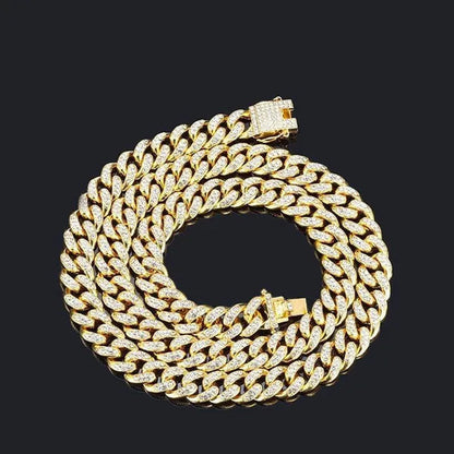 Fashion Gold / Silver Plated Solid Stainless Steel Iced Out Diamond Bracelet Thick Miami Cuban Link Chain Necklace Hip Hop Jewelry