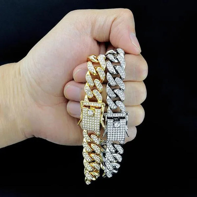 A Set(Bracelet+Necklace) 13MM Width Cuban Link Chain Gold Silver Plated Bling Miami Cuban Necklace Bracelet Diamond Chain for Fashion Men and Women Iced Out Hip Hop Jewelry Set