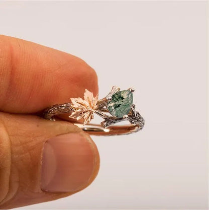 Antique Silver Maple Leaf Ring Women'S Vintage Two Tone Twig and Leaf Moss Agate Ring Anniversary Gift Engagement Bridal Wedding Jewelry Rings Size 5-10
