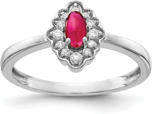 14K White Gold Diamond Oval Cabochon Ruby Ring Stone Birthstone July Gemstone Fine Jewelry for Women Gifts for Her