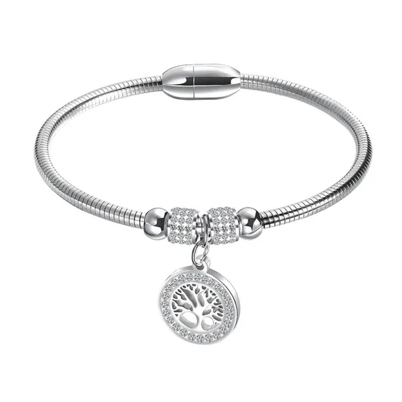 Gold Plated Tree of Life Bangle Bracelet Women Stainless Steel Family Tree Charm Bracelets with AAA Rhinestones & Magnetic Buckle