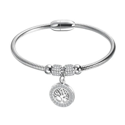 Gold Plated  Tree of Life Bangle Bracelet Women Stainless Steel Family Tree Charm Bracelets with AAA Rhinestones & Magnetic Buckle