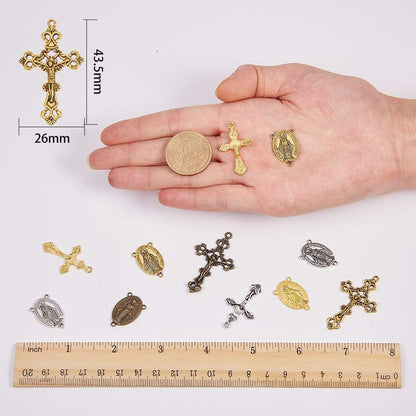 Tibetan Style Rosary Cross Charms and Center Miraculous Medal Easter Vintage Cross Crucifix Pendants Oval Chandelier Links Bronze Connector Charm for Rosary Bead Necklace Making Supplies