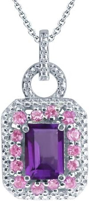 925 Sterling Silver Amethyst and Pink Sapphire Pendant Necklace for Women (1.45 Cttw, Gemstone Birthstone, Emerald Cut 7X5MM with 18-Inch Silver Chain)