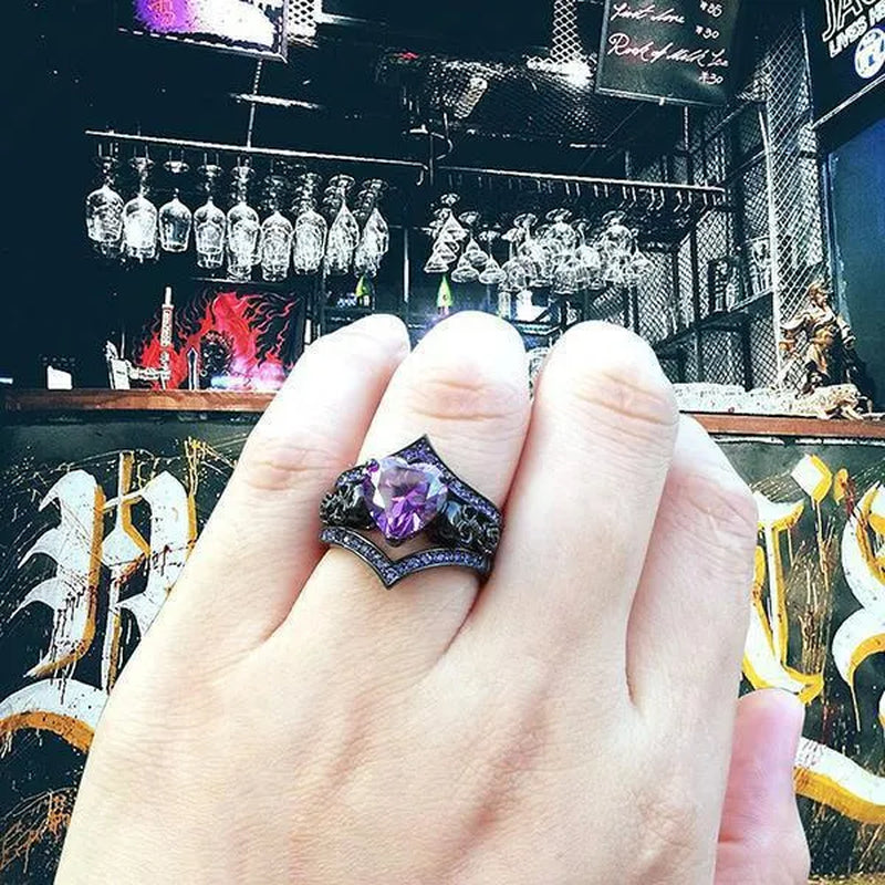 Gothic Black Rose Flower Skull Engagement Rings Set Red Purple Heart-shaped Zircon Crystal Wedding Anniversary Holiday Gift