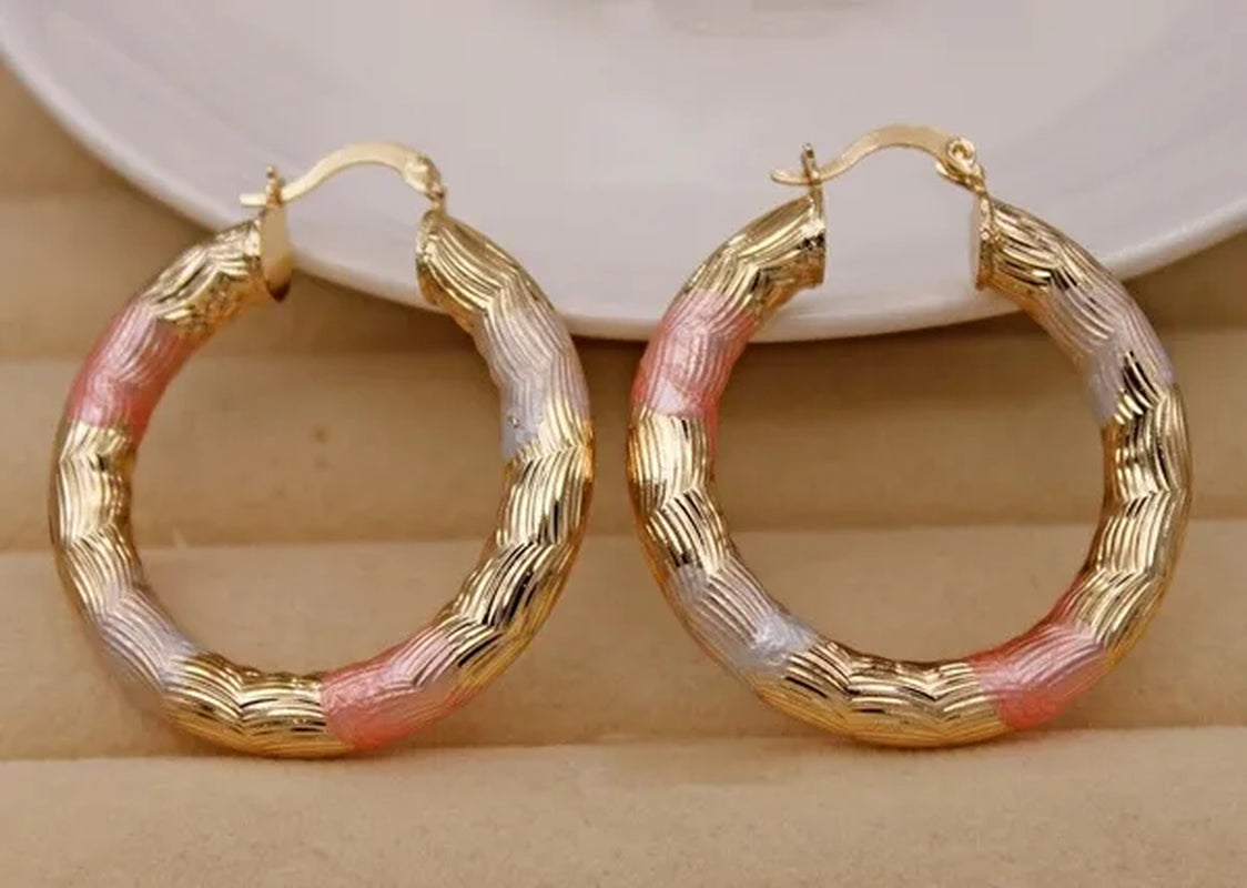 Gold Color Hoop Earrings for Women's Filled - Crude Tube Swirl Multilayer Circle 3-Color Plated Earrings