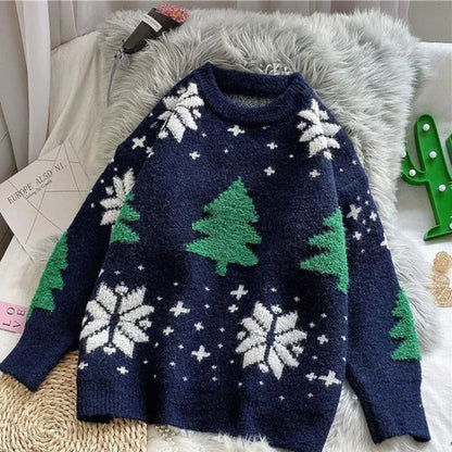 VANGULL Brand Women Christmas Snowflake Pullover Sweater Autumn Winter Thicken Casual Soft Loose round Neck Long Sleeves Knitted Top