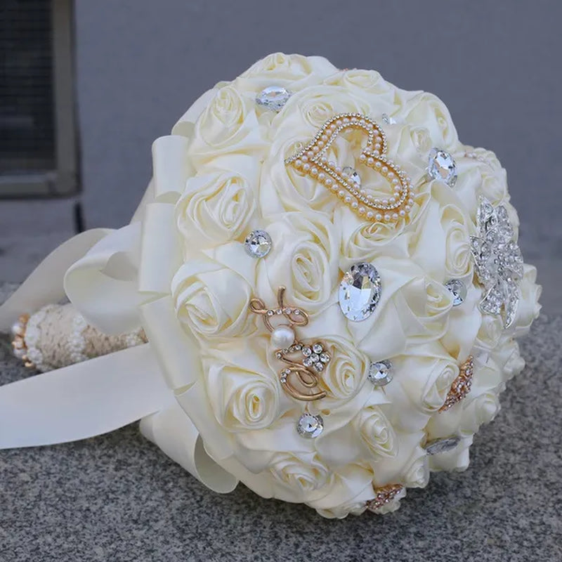 21CM Silk Rose Wedding Flower Bouquet Pearl Rhinestone Brooch Bouquet Bride Bridesmaid Holding Flowers Wedding Party Shooting Props