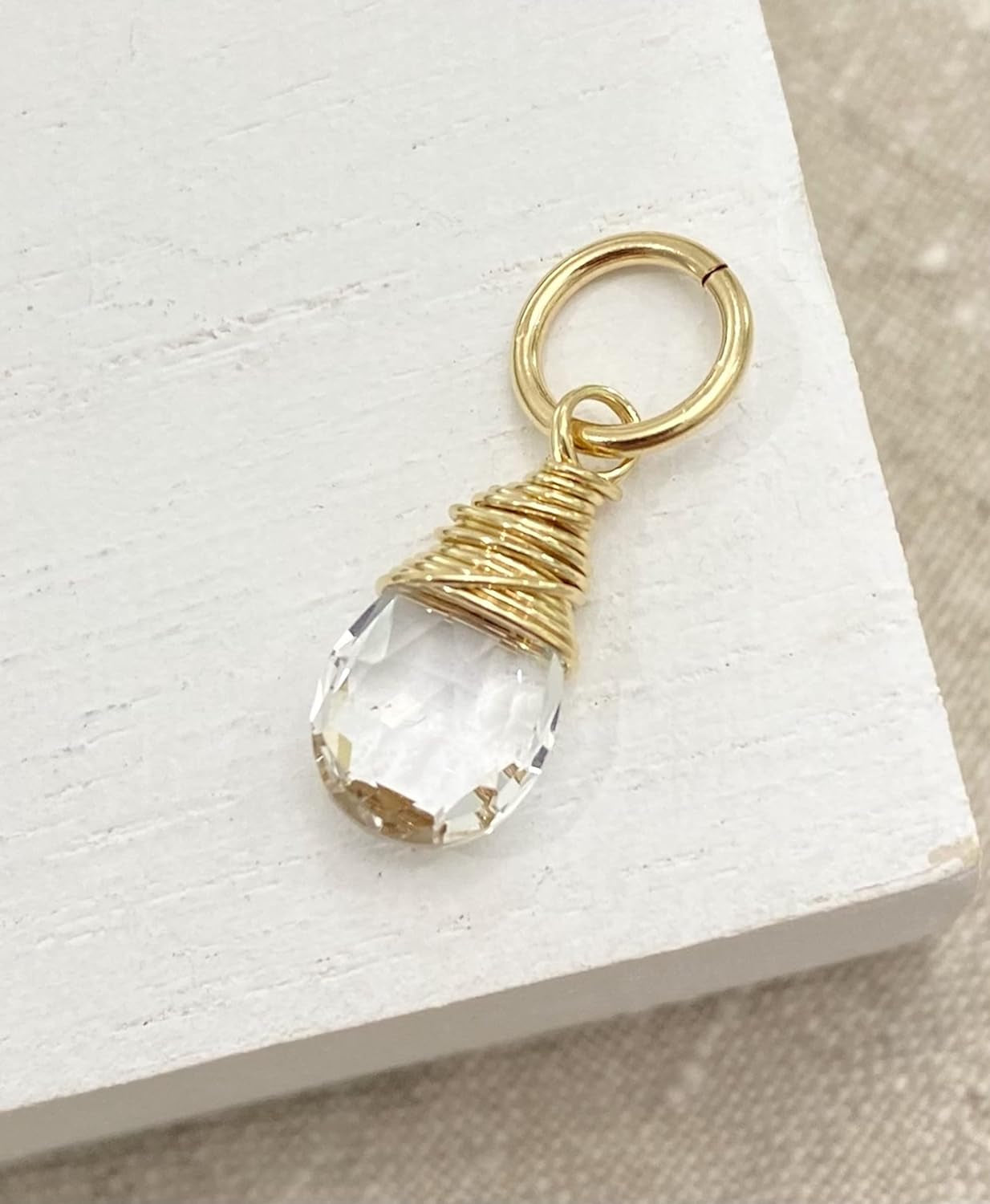 Gold April Birthstone Charm for Necklace or Bracelet - Small Wire Wrapped Crystal Quartz Briolette Pendant
