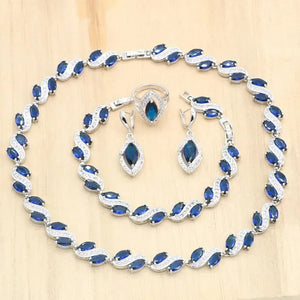 Royal Blue Stones Silver Color Jewelry Sets for Women Necklace Earrings Bracelet Ring Bridal Birthday Gift