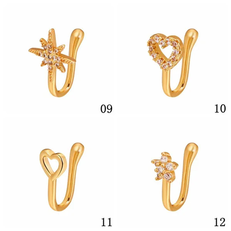 1 PC Crystal Diamond Zircon Star Heart Moon Fake Piercing Nose Ring Copper Spiral Non Piercing Clip on Nose Ring Ear Clips Cuff Fashion Body Jewelry - WORLD TIME VISITS