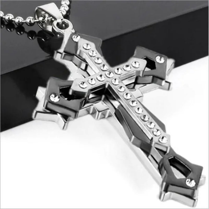 Fashion Men's Creative Diamond Cross Necklace Double Pattern Jesus Cross Pendant Hip Hop Necklaces for Men Cross Jewelry Religious Belief Amulet Birthday Anniversary Gift