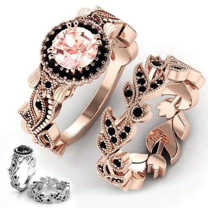 2 Pieces/Set of Exquisite Fashion Ideas Flowers Ring Black Zircon Ring Flower Vine Ladies Ring Jewelry Wedding Ring Princess Proposal Ring Anniversary Gift (Size: 5-11)