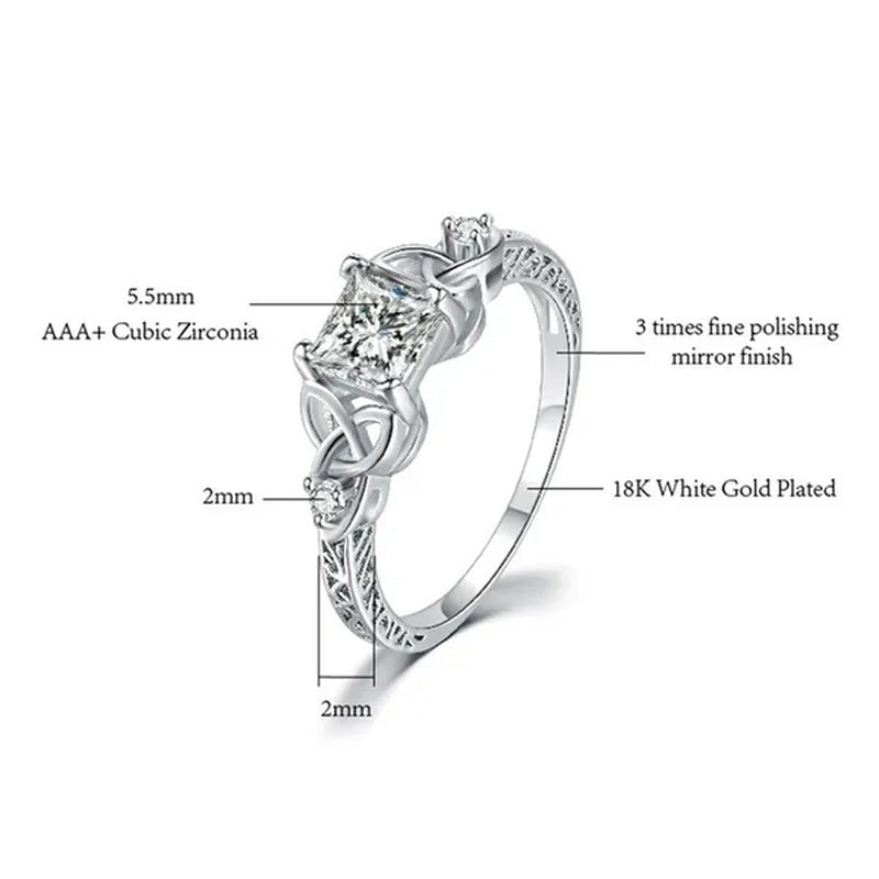 Classic and Fashionable silver-plated Celtic Knot Princess Geometric Cubic Diamond Ring Bridal Engagement Wedding Ring Size 5-11