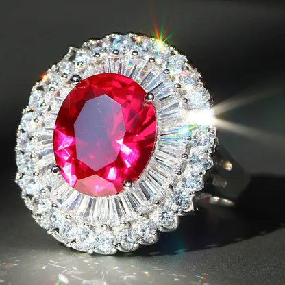 Luxurious  Silver Natural Gemstones Ruby And White Sapphire Wedding Birthstone Bride Engagement Multilevel Square Ring Jewelry Size 6 7 8 9 10