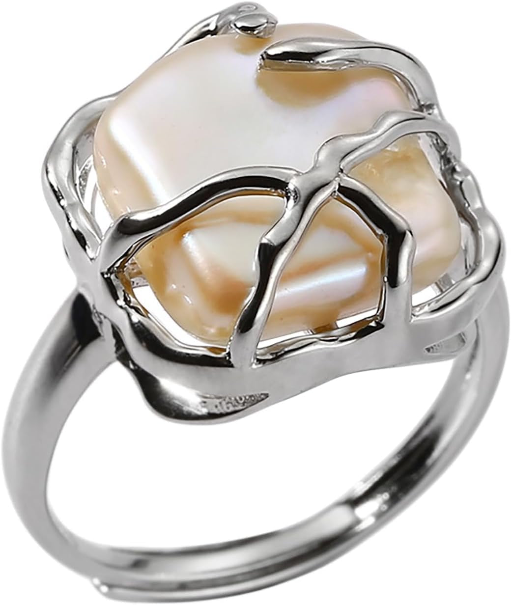 Irregular Pearl Ring for Women 18K Gold Baroque Pearl Ring Silver Geometrical Statement Ring Fashion Wedding Jewelry Gifts for Women Girls