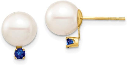 14K Yellow Gold White round Shape Freshwater Cultured Pearl Sapphire Post Earrings Fine Jewelry for Women Gifts for Her (8-8.5Mm)
