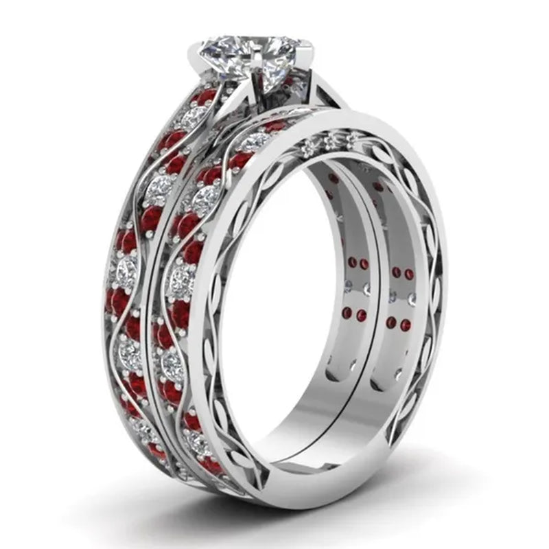 Exquisite Heart White Sapphire Wedding Ring Ruby Bridal Engagement Ring Set Wedding Band Anniversary Promise Jewelry Gift