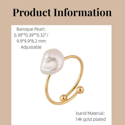Natural Freshwater Baroque Pearl Ring for Women, Dainty Minimalist Adjustable Rings Band Gold Pearl Charm Ring Jewelry Anniversary Gift for Mom Lover Her (14K Gold Plated)