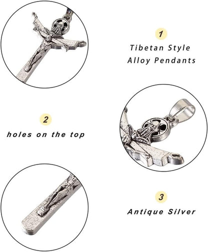10Pcs Tibetan Style Alloy Crucifix Cross Pendants Religious Cross Charms with Pinch Bail for Easter Rosary Holy Beads Necklace Jewelry Making Antique Silver