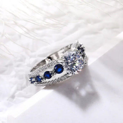 Hand Jewelry Creative Hollow Sapphire Blue Zircon Ring Women's Luxury Banquet Engagement Jewelry