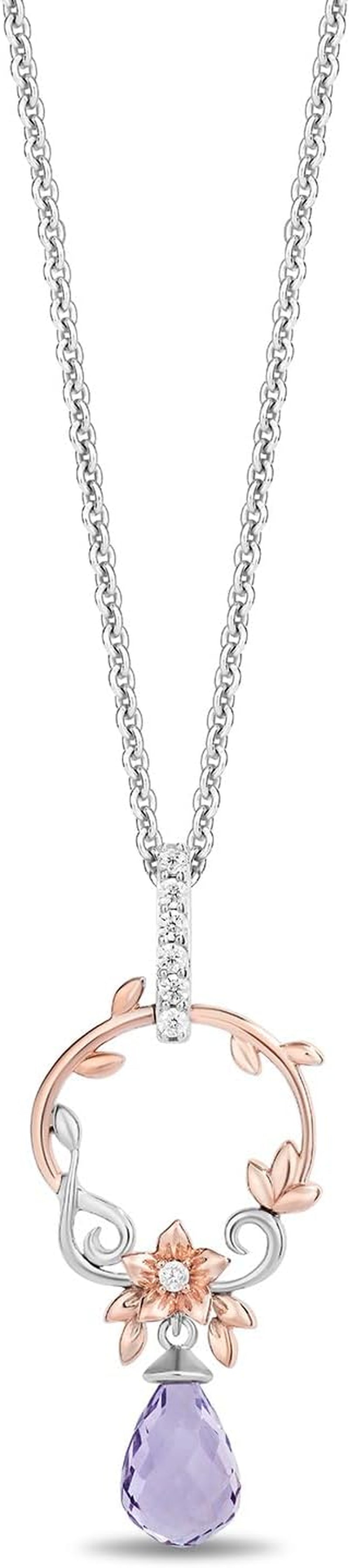 Enchanted Disney Fine Jewelry 14K Rose Gold over Sterling Silver with 1/10 CTTW Diamonds and Rose De France Briolette Rapunzel Pendant Necklace