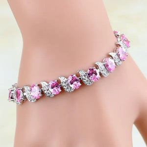 925 Sterling Silver Jewelry Pink Zircon Stones Chain & Link Charm Bracelet Christmas Gifts For Women